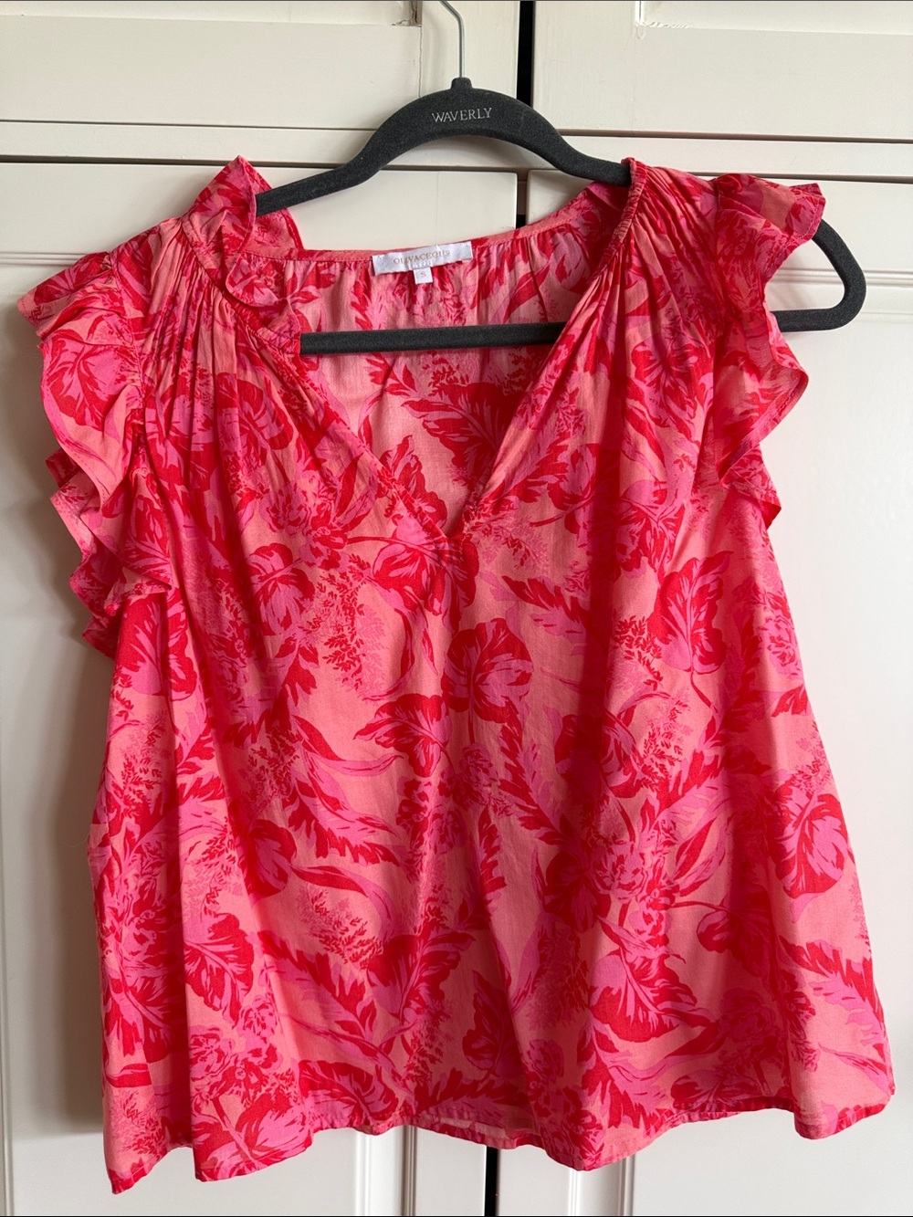 Olivaceous Pink and Red Floral Ruffle Sleeve V-Neck Top